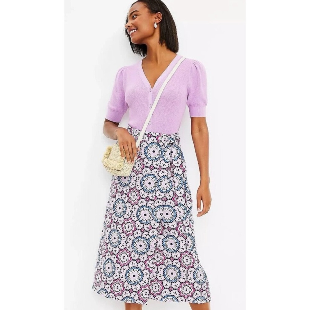 Loft Linen Blend Mosaic Abstract Midi Wrap Skirt - Size 12